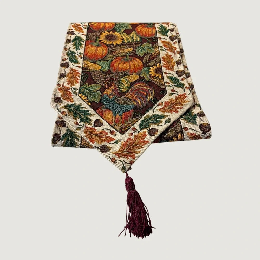Harvest Tapestry Table Runner Multicolor Pumpkin Rooster Autumn Thanksgiving
